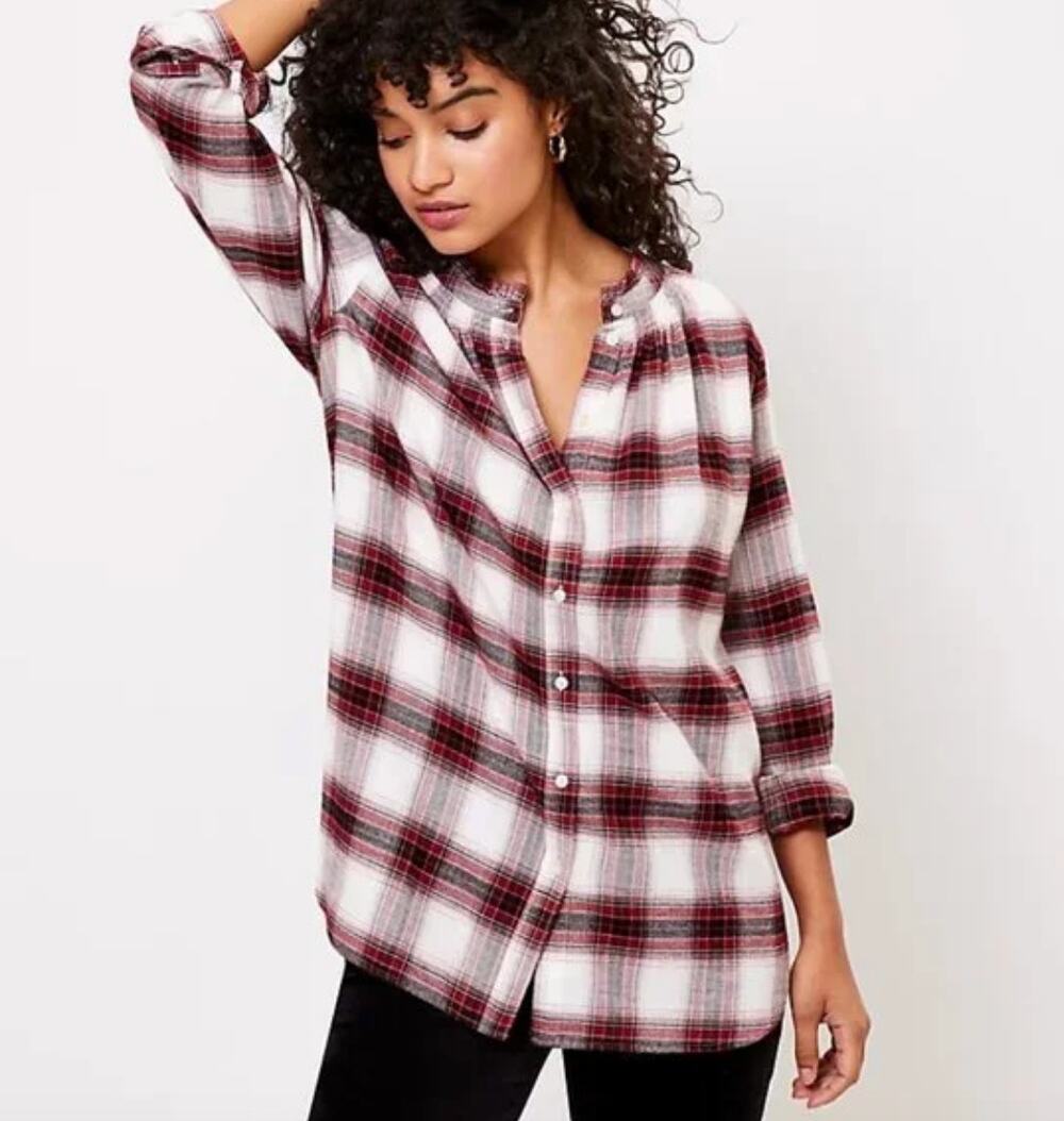 LOFT Plaid Smocked Ruffle Neck Flannel Blouse Top Size S White Red Soft